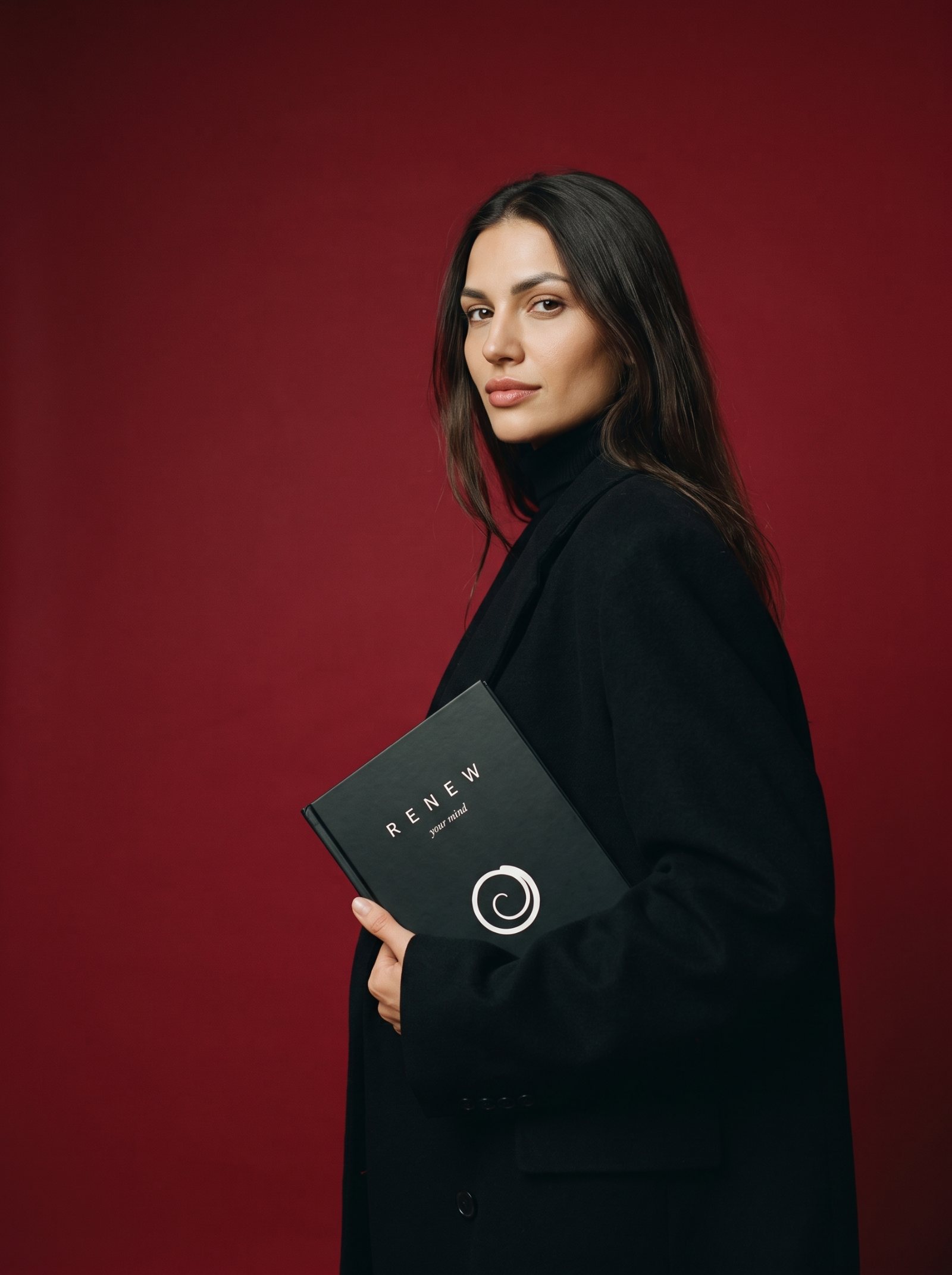 A woman in a black coat holds the black Renew your mind journal and looks over her shoulder